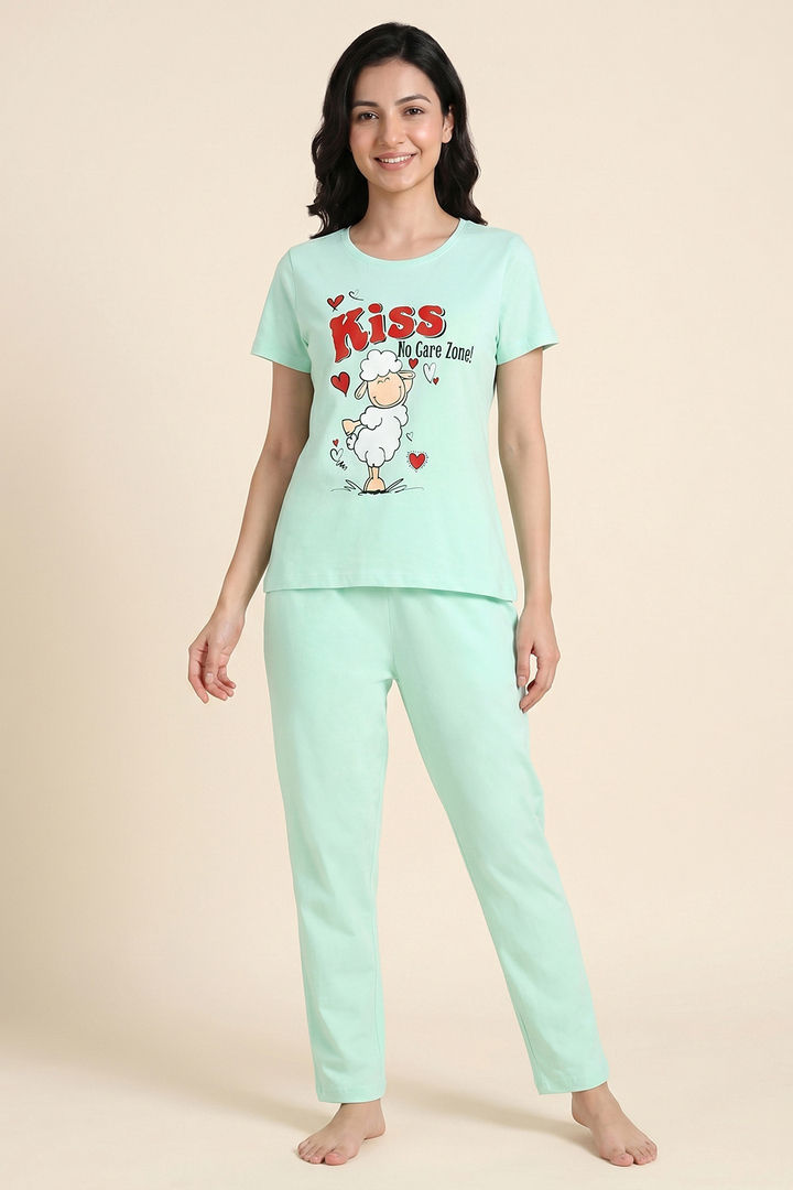 Zivame Farm Lore Knit Cotton Pyjama Set - Honey Dew — image 2